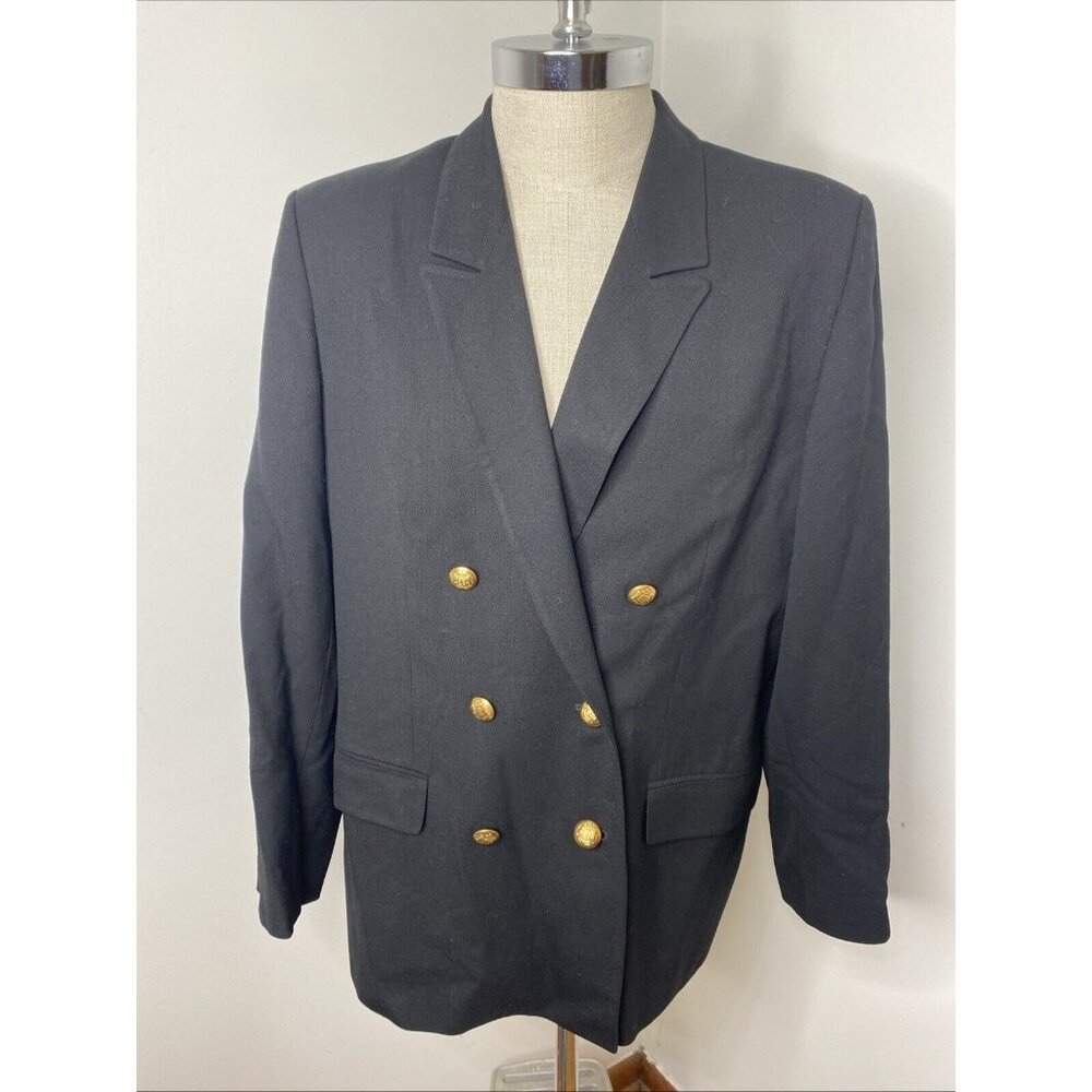 Talbots Black Worsted Wool Blazer 18 Double Breasted Gold Crest Buttons USA